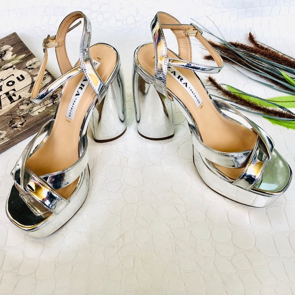 Zara Shoes - Zara Metallic Silver Platform Heels